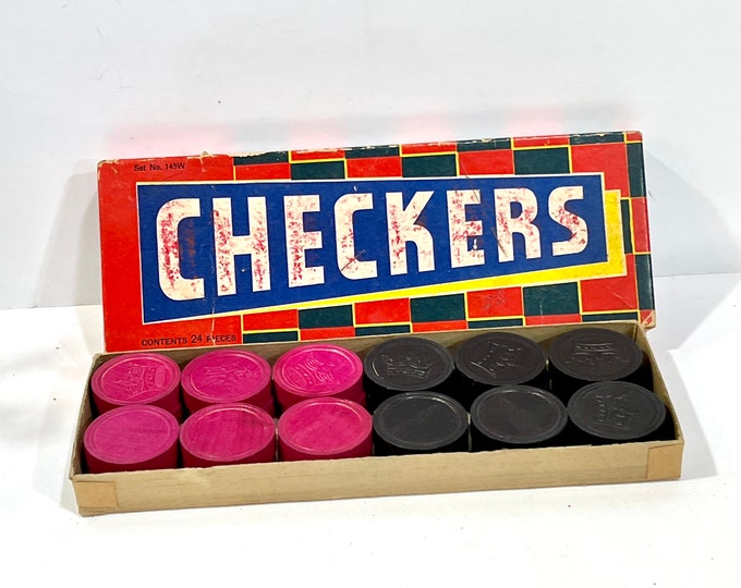 Vintage Game Pieces, Halsam Checkers, Original Box, Wooden Checkers, Crown Skyscraper, Red and