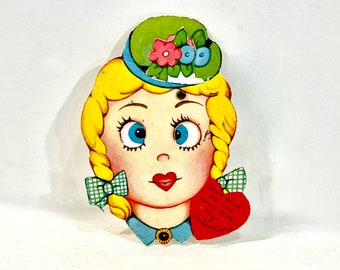 Tarjeta de San Valentín mecánica vintage: Niña de ojos saltones, Art Déco de la década de 1930