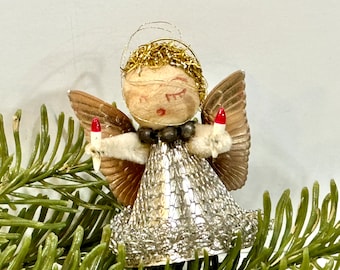 Vintage  CHRISTMAS, Angel Ornament, Metallic Mesh, Spun Cotton, Dresden Foil Wings, Putz Japan, Silver Metallic, Christmas Decor, Gift Idea