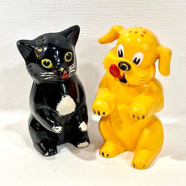 Dog and Cat, Salt and Pepper Set, Funky Tableware, Anthropomorphic, F & F Mold and Die Works, Made in USA, Gift for Collector, Mid Century