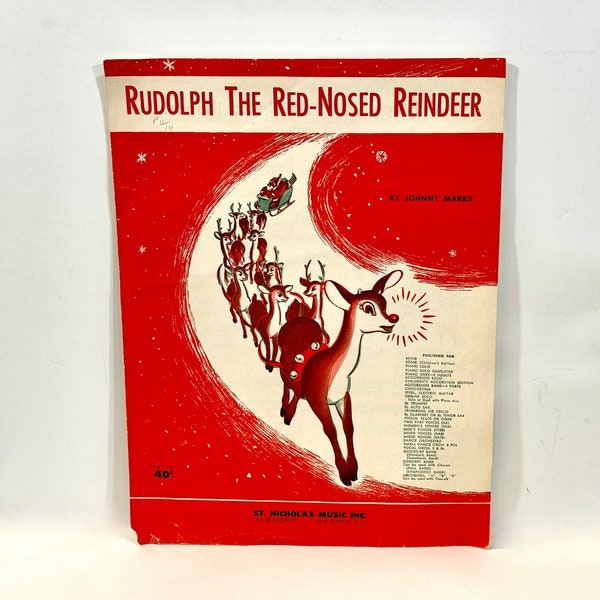 Vintage Rudolph the Red Nosed Reindeer Sheet Music, Mid Century Holiday, 1940s Reindeer, Gene Autry, Johnny Marks, Classic Christmas