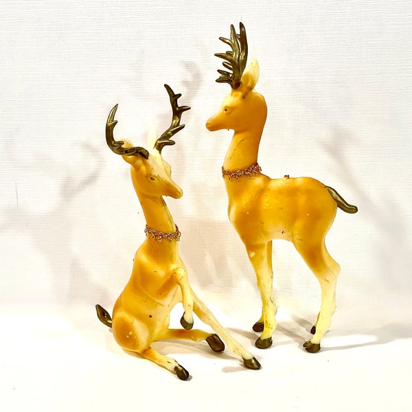 Vintage Deer Figurines, Christmas Decor, Hard Plastic Reindeer, Matched Set, Standing and Sitting Deer, Made in Hong Kong, Vintage Christmas