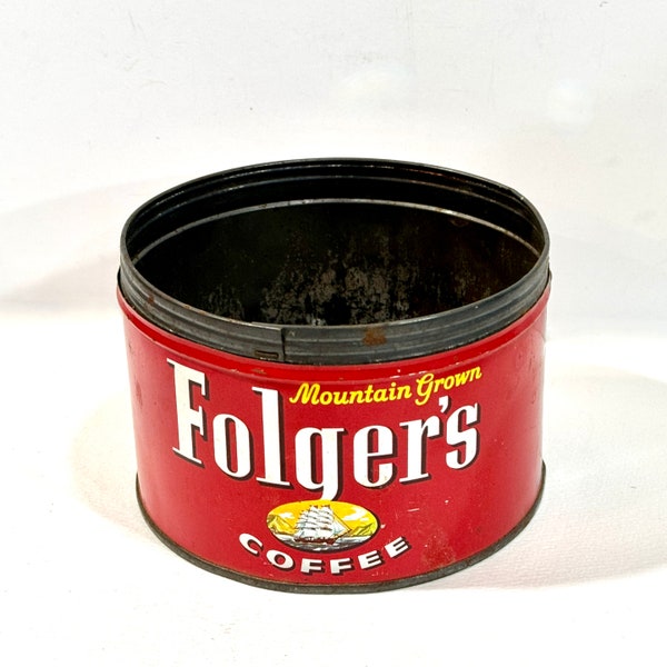 Vintage 1940s Folgers Coffee Can, Key Wind, Ship Graphics, California Poppies, Mid Century, Advertising Tin, Farmhouse Kitchen