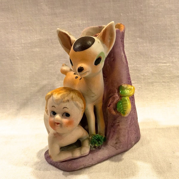 Vintage Deer  Fawn Planter, Cherub Baby Planter, 4 inch Bud Vase, Woodland Deer, Mid Century Collectible, Kitschy,  Japan, Circa 1950s