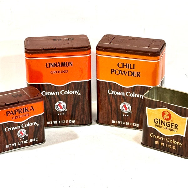 Vintage Kitchen, Spice Tins,  4 Tins, Crown Colony, Safeway Spices, Wood Grain Litho, Orange and Brown, 19980s Era, Chili Powder, Cinnamon