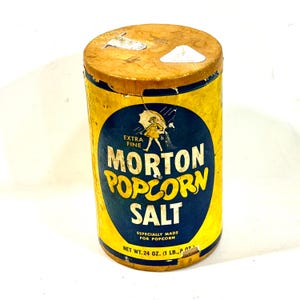 1960er Jahre Morton Salt, Popcorn Salz, Karton, extra fein, 24 Unzen Box, tolle Grafik, Morton Salt Girl, Küchendeko, Filmdeko, Geschenk