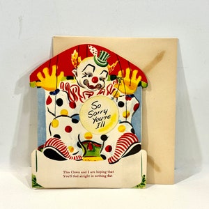 Cartão de felicitações Um desejo de aniversário, palhaço de circo, bailarina de marionete, menino forte, três painéis, pasta de pé, sem uso com envelope, meados do século 1940
