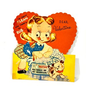 Vintage Valentijn, gestanste kaart, mechanische kaart, jong meisje, puppy, wastobbe vol bubbels, Google Eyes Move, jaren 1930