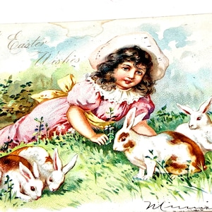 Postal antigua de Pascua, niña con conejitos, de Raphael Tuck, impresa en Alemania, usada en relieve, matasellos de 1907