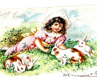 Antique Easter Postcard: Girl with Bunnies, Raphael Tuck 1907
