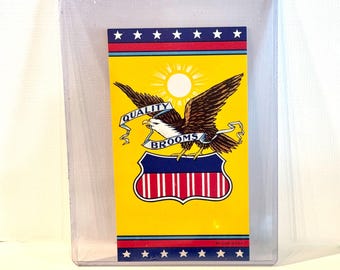 Éphémères patriotiques, graphiques de pygargue à tête blanche et de bouclier, étiquette de balai de qualité inutilisée, impression lithographie États-Unis