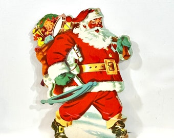 Vintage Santa, Die Cut, Cardboard Santa, Bag of toys, Rocking Horse, Stand Up, 12 x 8 inches, Mid Century 1940s, Christmas Decor, Gift idea