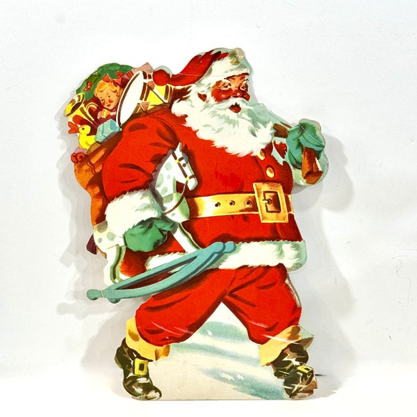 Vintage Santa, Die Cut, Cardboard Santa, Bag of toys, Rocking Horse, Stand Up, 12 x 8 inches, Mid Century 1940s, Christmas Decor, Gift idea