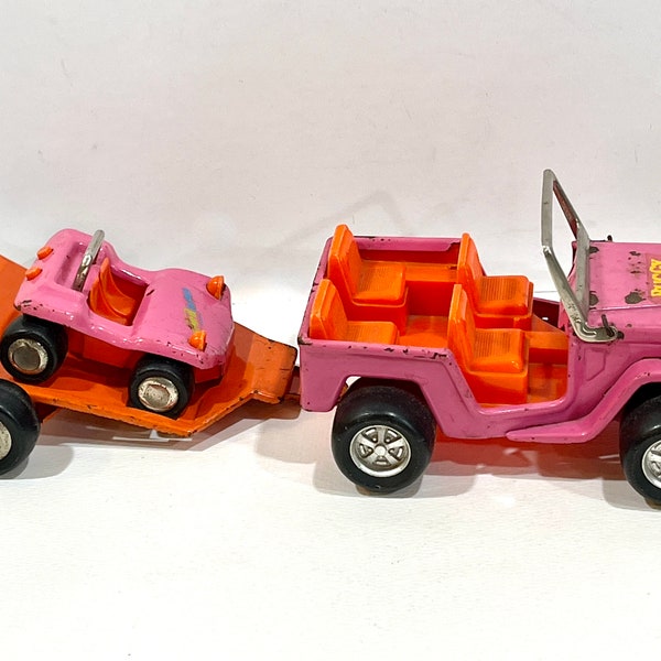 Vintage Buddy L, Buggy Hauler, Dune Buggy, Jeep with Trailer, Pink Jeep, Mid Century 1970s, Pressed Steel, Toy Collector, Gift Idea