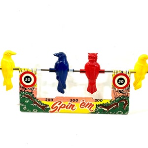 Vintage 1930s-40s Wyandotte Toys Spin 'Em Target Game, tin Lithograph, Plastic Birds, 3 crows, Red Owl, Toy collector, Made in USA