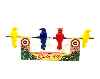 Vintage 1930s-40s Wyandotte Toys Spin 'Em Target Game, tin Lithograph, Plastic Birds, 3 crows, Red Owl, Toy collector, Made in USA