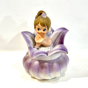 Vintage Trinket Box, Flower Fairy, Ceramic Pixie, Purple Flower, Lego Japan, 5 inch, Mid Century 1960s, Gift for Her, Mothers Day, Gift idea