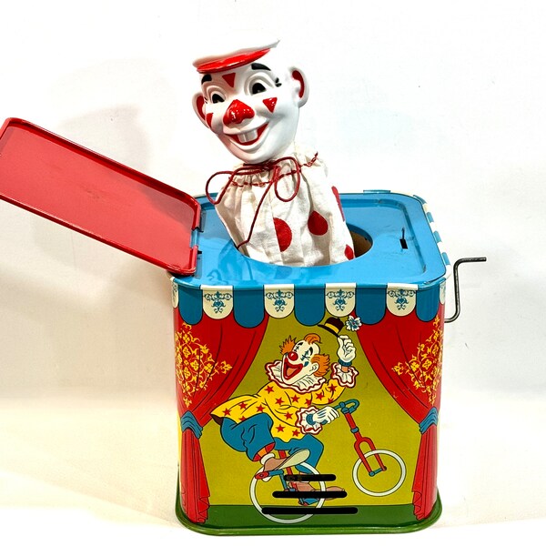 SELTENES Vintage Spielzeug, Zirkus-Clown, Jack in the box, Mitte des Jahrhunderts 1950er Jahre Tin Litho, Ohio Art Sammlerstück, Kinderspielzeug, Pop-Up-Clown, Geschenkidee