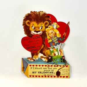 Vintage Valentijn, Valentijn jaren 1950, meisjescircusleeuw, gestanst, 8 x 6 inch, blond meisje, ik ben geen leeuw, valentijnsdecor, cadeau voor verzamelaar