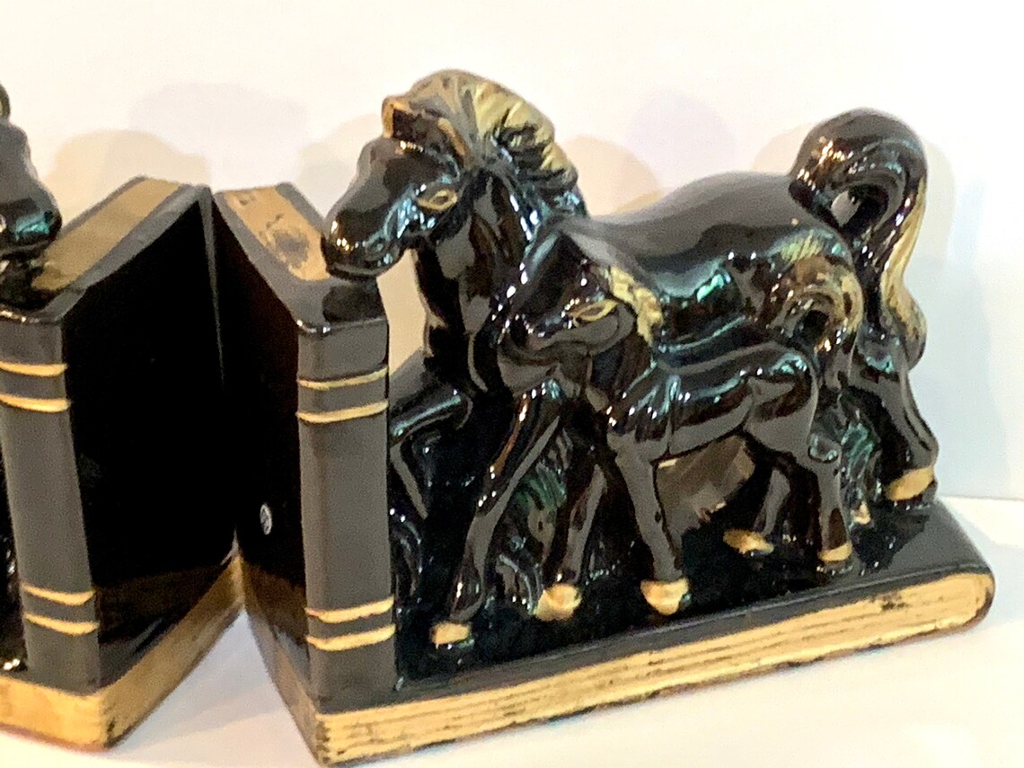 Vintage Horse Bookends Black Horses Mare and Colt Red Ware Etsy