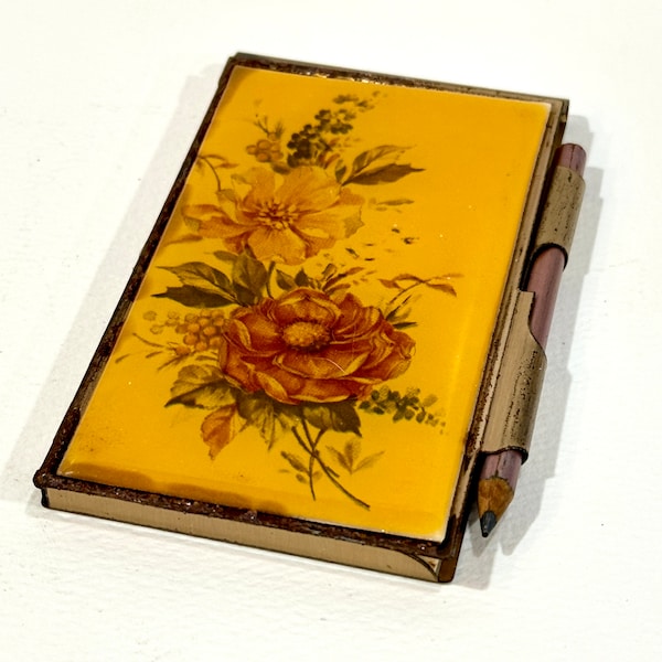 Vintage Notepad, Floral Metal, Notepad With Pencil, Mid Century 1950s, Metal and Acrylic, Women's Accessory, Purse Notepad, Gift for Her
