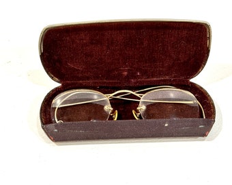 Antieke brillen, draadrandframe, half frame, gouden randbril, originele doos, bril jaren 1930 tijdperk, cadeau-idee