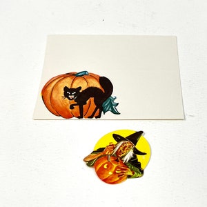 Vintage Halloween Die Cut Place Card: Cat, Pumpkin & Witch - 1940s