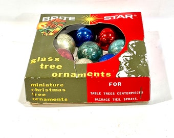 Vintage Christmas, Mercury Glass, 8 Ornaments, Miniature Ornaments, 1 inch, Original box, Brite Star, Made in Japan, Mid Century 1950s