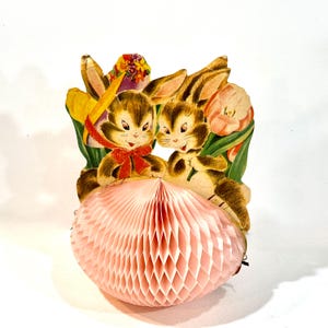 Pâques Vinage, carte stand up, lapins découpés, oeuf en nid d'abeille, milieu du siècle, époque des années 1950, décoration de table, présentoir 3D, lapin dans un bonnet, idée cadeau