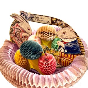 Antiker Beistle Hase, ausklappbarer Bienenwabe, Osterkorb, seltene Beistle Osterkarte, Beistle Gewebeeier, circa 1920er Jahre, hergestellt in den USA