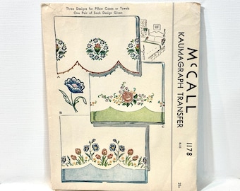 1930s McCall Pattern, Embroidery Transfer, Floral Pillow Cases, Kaumagraph, Used, Estate Find