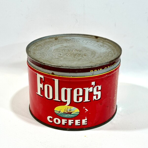 Lattina di caffè Folgers vintage degli anni '50, Key Wind, Coperchio originale, Grafica colorata della nave, Papaveri della California, Stagno pubblicitario, Cucina della fattoria