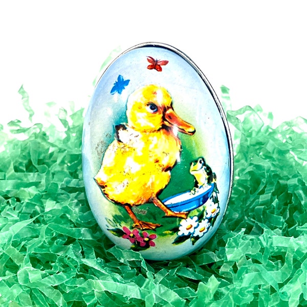 Tin Easter Egg, Candy Container, Yellow Duck and Frog,  Tin Litho Easter Egg, Easter Chicks, Made in Hong Kong, Mid Century Holdiay
