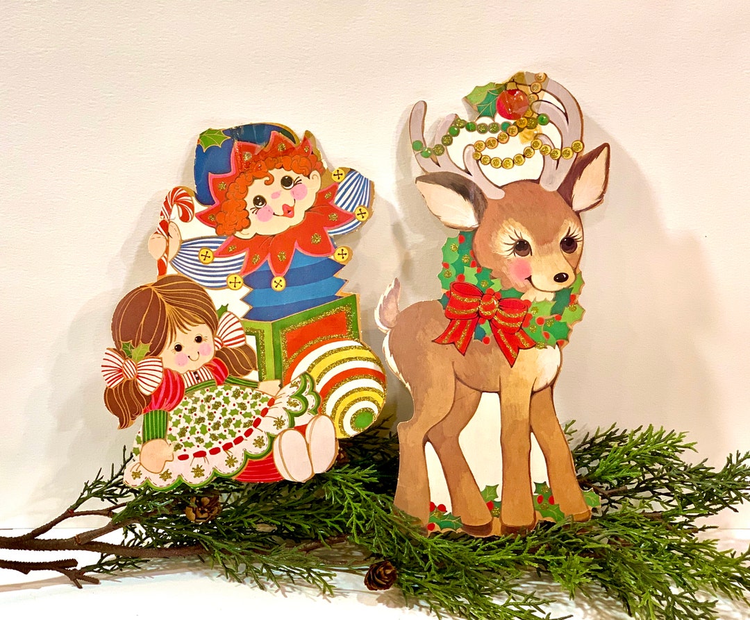 Vintage Christmas Die Cut, Reindeer and Toys, , Cardboard, One Sided,  Christmas Wall Decor, Hallmark Christmas, 1970s 