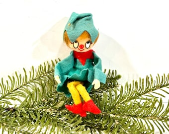 Vintage 1950s Elf, Pixie, Green Felt Dress, Christmas Pixie, Nylon Hair, Big Eye Elf, Mid Century Holiday, Made in Japan