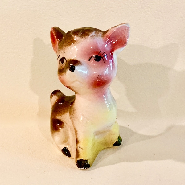 Vintage Deer Figurine, Sitting Deer, Yellow Red, Mid Century, Made in Japan, Estate Find, 1950s Kitsch, gift for Collector