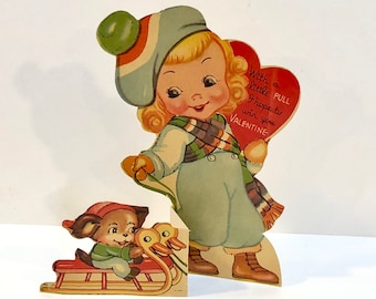 RESERVE Mechanical Valentine Card, Girl w Sled, Puppy Ducks Valentine, 1930s Valentine Card, Die Cut Valenitine, Stand Up Card, USA 1930s