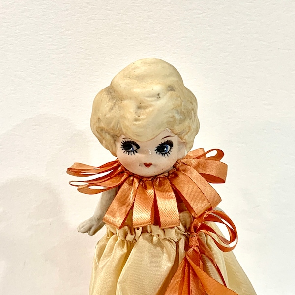 Vintage Bisque Doll, Antique Kewpie, Flapper, Antique Doll, Ribbon and Satin Dress, Jointed Arms, 6 inches tall, Japan, Circa 1920's