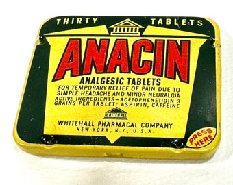 Anacin Tin, Large Purse Size, 30 Tablets,Analgesic Tablets, Hinged Whitehall, EMPTY Tin, Mid Century 1940s, Advertising, Medicine Tin