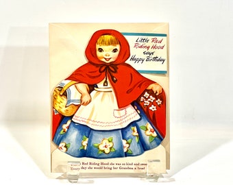 Vintage Card, Little Red Riding Hood, Birthday Greeting, Mid Century 1940s, Fold Out Card, Unused Fold Out, With Envelope, 6 x 5 inches