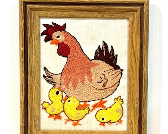 1960s Framed Hen and Chicks, Needle Punch Art, Folky Chickens, Farmhouse Cottagecore