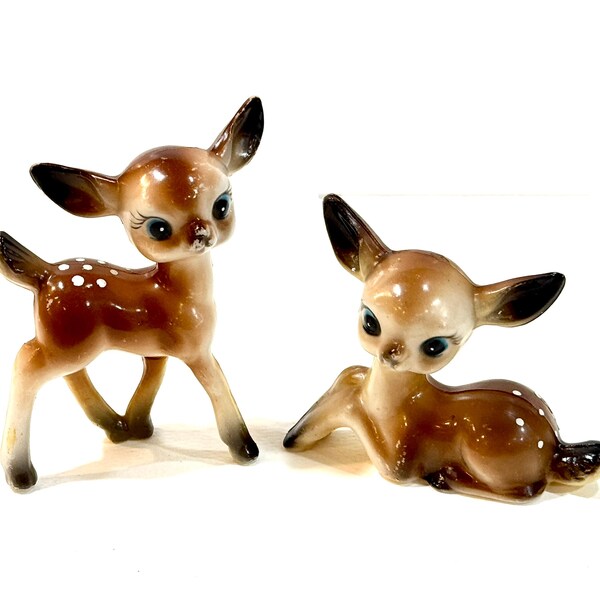 Vintage Kitsch Fawn Reindeer Figurines: Anthropomorphic Christmas Decor, 1960s Set