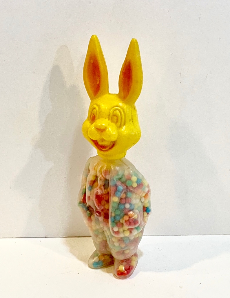 Hong Kong 1960s Mid Century Holiday Candy Holder Yellow Rabbit Easter Toy Vintage Rosbro Bunny
