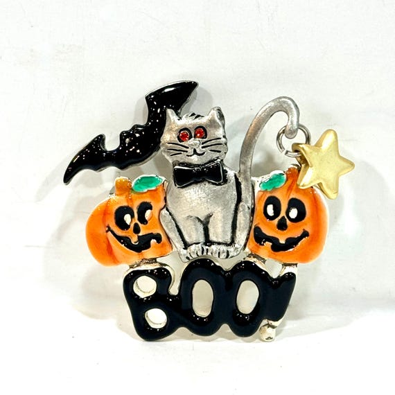 Vintage Halloween Silver Pewter Halloween Jewelry Brooch Pin Cat Rhinestone Eyes Jack O Lanterns Pin Brooch AJMC Signature Gift Etsy Canada