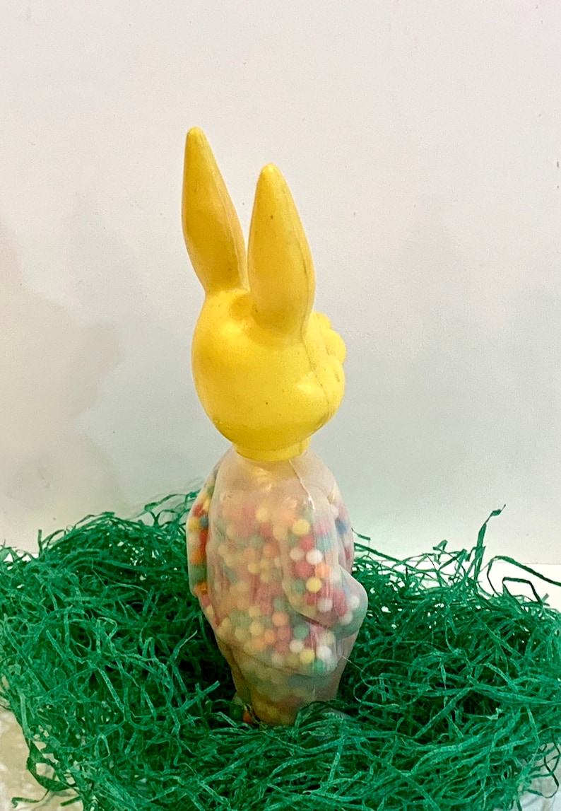 Hong Kong 1960s Mid Century Holiday Candy Holder Yellow Rabbit Easter Toy Vintage Rosbro Bunny