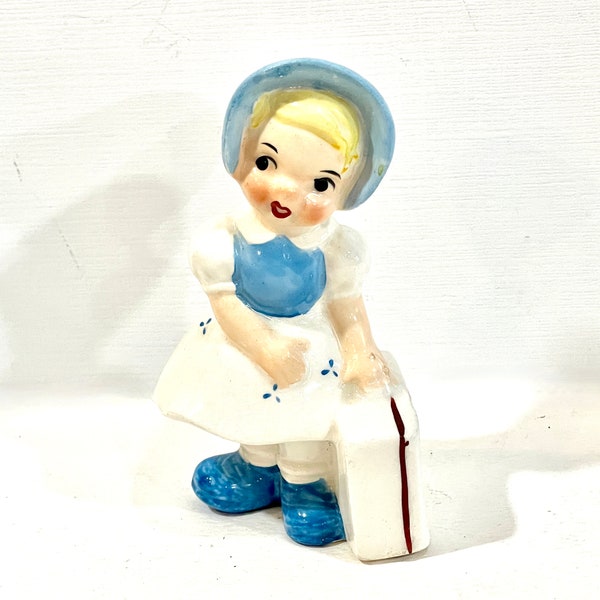 Vintage Girl Figurine, UCAGCO Ceramics,  Girl With Suitcase,  Figurine, Blue Bonnet, Blonde Hair, Made in Japan,, Mid Century 1950's, Gift