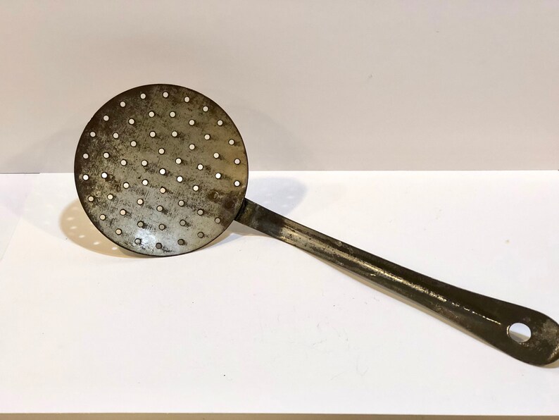Vintage Metal Strainer Spoon Flat Skimmer Perforated Ladle Etsy