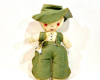 Vintage Doll, Cowboy Doll, Rag Doll, Handmade,  Embroidery Details, Primitive Sculpture, Mid Century 1950s, Gift for her