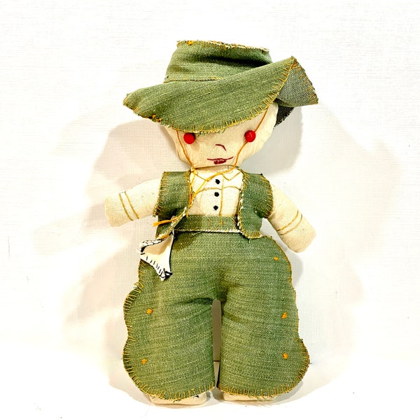 Vintage Doll, Cowboy Doll, Rag Doll, Handmade,  Embroidery Details, Primitive Sculpture, Mid Century 1950s, Gift for her