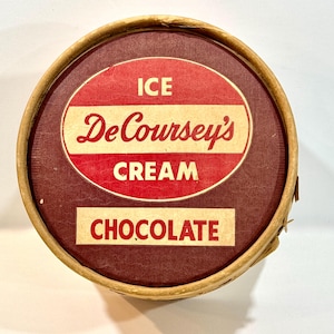 Vintage IJS, kartonnen container, Kansas City MO, rond, containerdoos met deksel, halve gallon, chocolade, DeCoursey's Brand, cadeau-idee